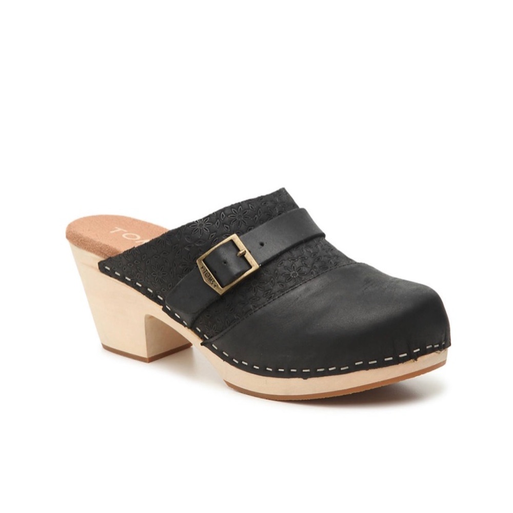 Toms Black Leather Buckle Clogs 11W NW NWOT